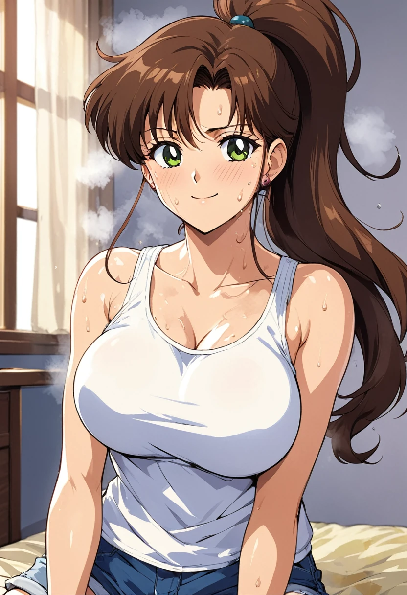 masterpiece, Highest quality, High resolution, (Makoto Kino),1990s \(style\),height: 175cm, Brown long hair,ponytail、 sexyな長い脚, Loose fitting tank top,Very good,Shorts, Bedroom,(E-cup beautiful breasts)、Sweating all over the body、vapor、Muscular、sexy、A face writhing in pleasure、Sweaty、Configuration from the front、smile、look up,Semen splattered on face、Anime-style painting style,Composition focused on the upper body