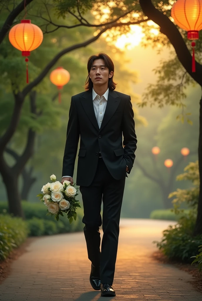 Tall Korean man in a black suit, in a black shirt without a tie, black shoes, long hair, white, walks through a forest park with lanterns in the evening, carrying a bouquet of white roses in his hands