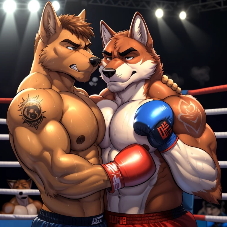 Duo male(Red Wolf vs Brown Dog), handsomes(handsome hairstyle, Thick eyebrows, detailed face), gay(cuddling embraced, body with body, on a boxing match), hot(Shirtless), handsomes(They are handsomes, correct anatomy), musculosos(Big muscle bodies, Six packs, muscle abs, big pecs), sweaty(very sweaty wet bodies, shiny sweat), tatuajes(they have tattoos), grumpy(Both have an grumpy expression, showing grumpy teeths, steaming breath), boxing gloves(They both are wearing UFC gloves), Hight resolution, by(Zourik:1.1)