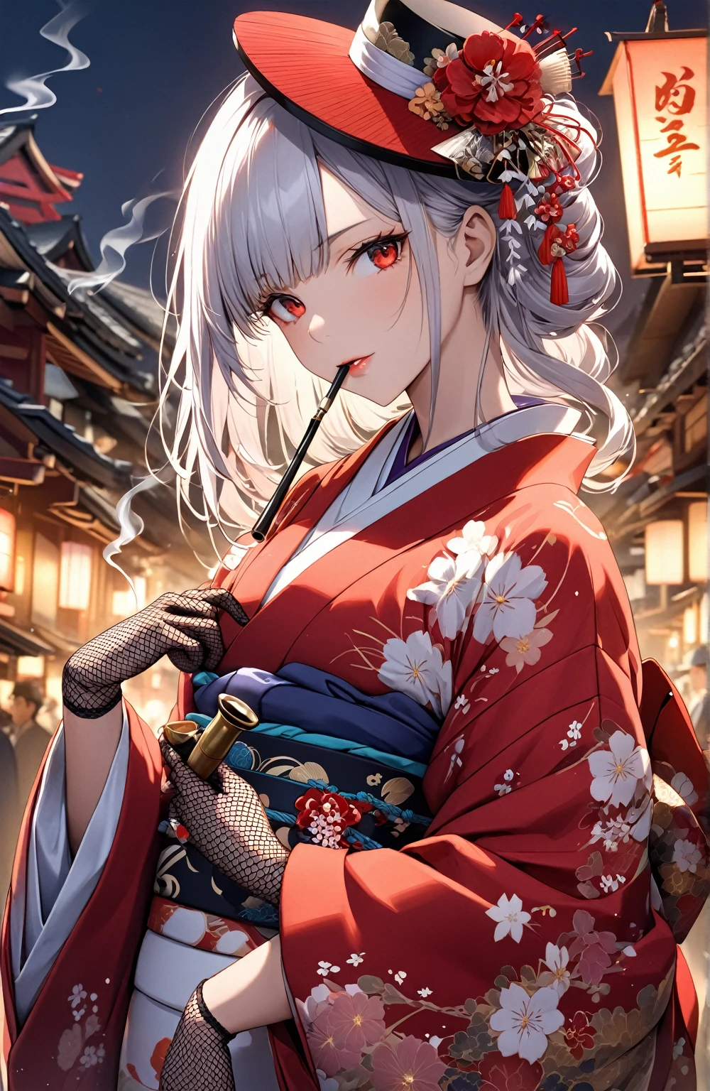 Ultra high resolution, rich colors, perfect image, top quality, detailed image, beautiful woman, glowing skin, skin and clothing texture, delicate eyes, Showa era town, Japanese clothes, kimono, furisode, haori, cocktail hat, fishnet gloves, smoking pipe, long silver hair, red eyes