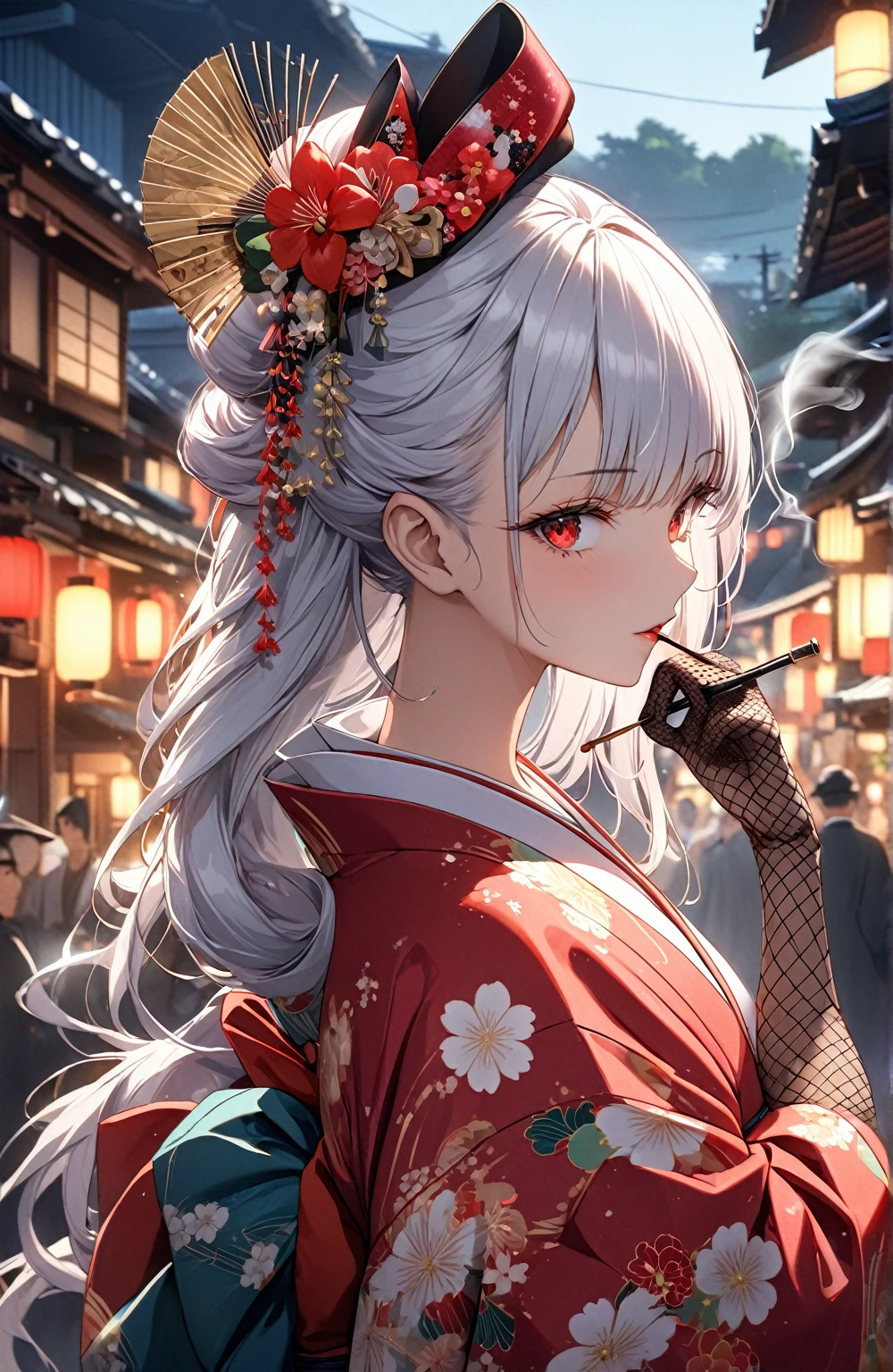 Ultra high resolution, rich colors, perfect image, top quality, detailed image, beautiful woman, glowing skin, skin and clothing texture, delicate eyes, Showa era town, Japanese clothes, kimono, furisode, haori, cocktail hat, fishnet gloves, smoking pipe, long silver hair, red eyes