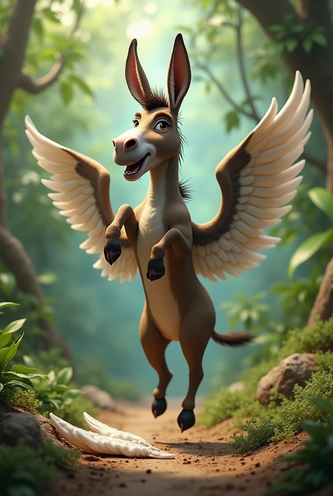 draw a donkey whose first two legs are in air and other on ground and there is wings fallen on the ground besides donkey in the jungle