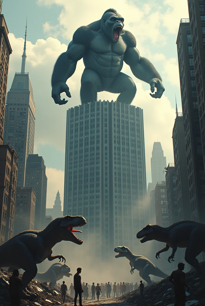 King Kong roars from the top of a skyscraper, drawing the attention of the dinosaurs and rallying the remaining citizens to safety.