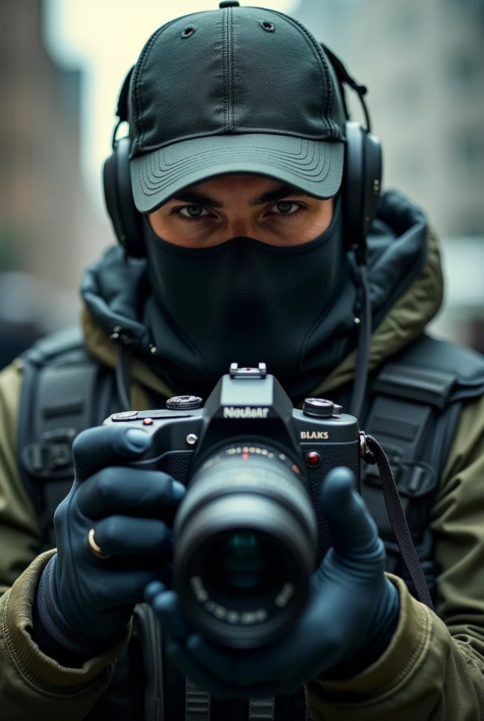 tactical photographer wearing cap and mask. holding camera to take photos