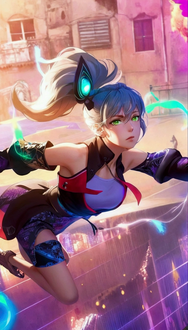Italian Girl anime version (power to control the wind, purple eyes and light brown medium hair, green and black sleeveless clothes and jacket in Italy)
