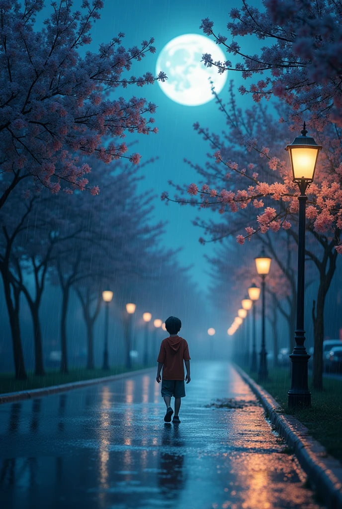 visual image or photograph.long shot photo,moonlit night, full moon in sky,rainy day.highlight the depth of field and quality, conveying a sense of happiness and a good life despite the rainy weather, lantern street light,many tree with flowers line in the street.young boy walk alone,bath in rain,rain drop in street