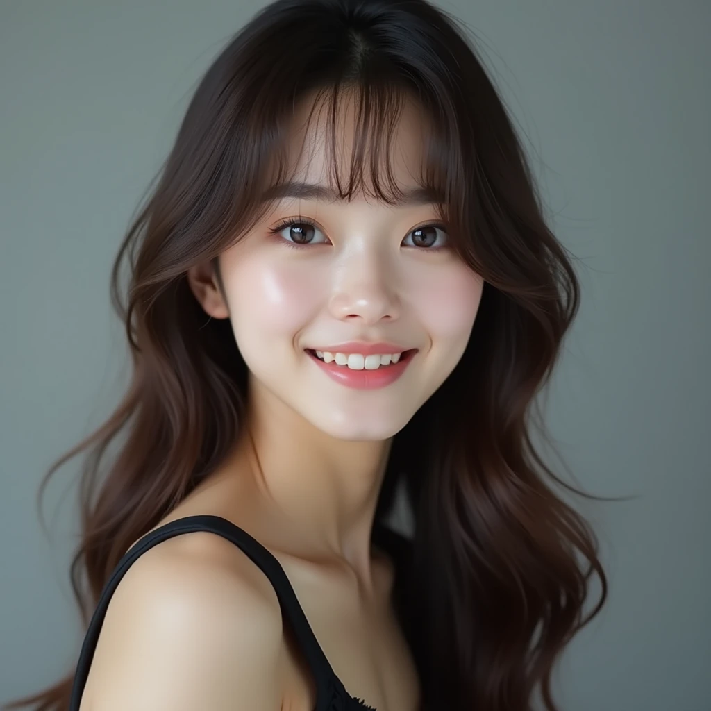 1girl, High Resolution, 3/4 view face, Sony, F/2.8, Masterpiece, Best Quality, Award Winning, High Details, Long Hair, Bangs, Brown Hair, Shiny Hair, Minimal Makeup, light skin tone, Pink Lips, Plump Lip, Detailed Lip, Medium sized breasts, Cinematography, Photorealistic, Open Mouth slightly, Sweet smile, straight teeth,  Yua Mikami, Japanese, actress, idol, realistic, wearing a black strap dress, 20 years old, medium sized eyes, black eyes, bright pupils, double eyelids, focus on eyes, expressive eyes, slightly long lashes, detailed eyes, realistic eyes, oval and round face, high cheek, straight nose, Grey background, simple background, portrait, studio photo, 3-point lighting, hair light, elegant style, gorgeous