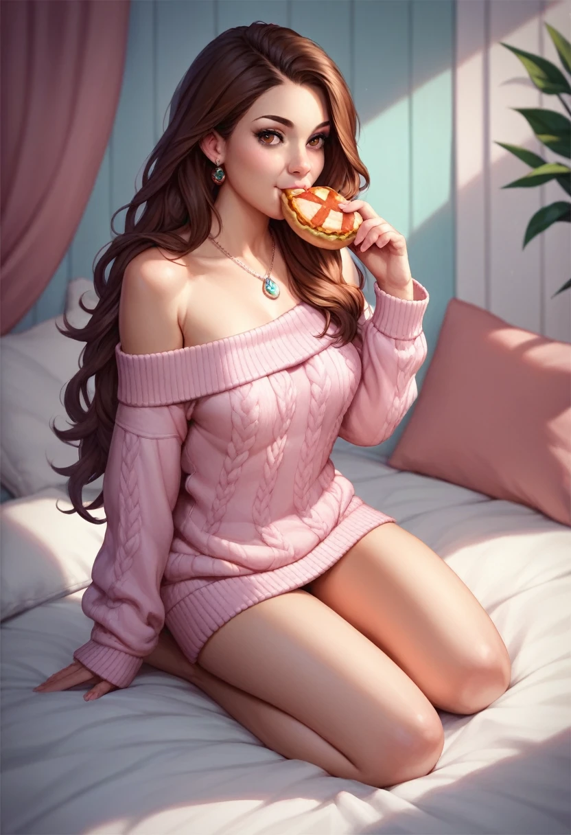 gorgeous woman, Solo, Long hair, Looking at Viewer, as she's eating by a dragon, brunette hair, Bare shoulders, Brown eyes, jewely, Full body, a necklace, off shoulders, Sweaters, Realistic, A sexy