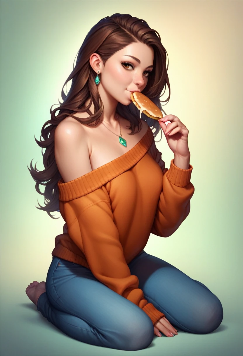 gorgeous woman, Solo, Long hair, Looking at Viewer, as she's eating by a dragon, brunette hair, Bare shoulders, Brown eyes, jewely, Full body, a necklace, off shoulders, Sweaters, Realistic, A sexy