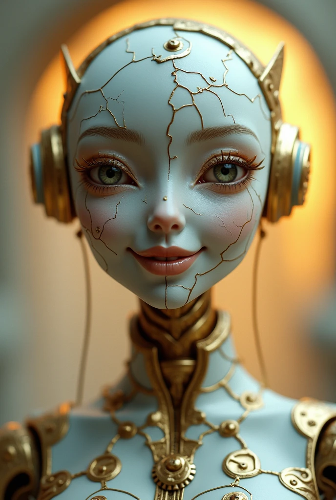 Automata, The face is made of ceramic, crack was jointed with gold, mysterious smile, abstract light background,