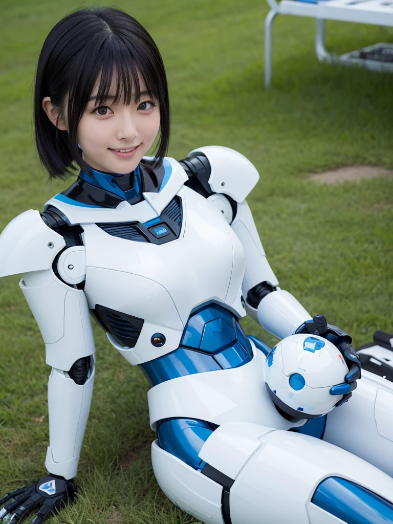 Japanese female android,Black Hair,White and blue robot suit,Plump,Eating on the lawn in the park,smile
