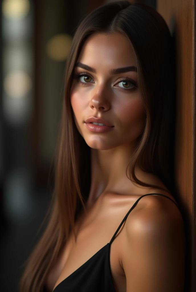 a very realistic and detailed close up portrait of beautiful swiss woman l, black skirt, perfect makeup, long sleek straight brown hair, high quality, photorealistic, 8k, luxury, elegant, sophisticated, confident, studio lighting, cinematic, piercing eyes, full lips, sharp focus, olive skin