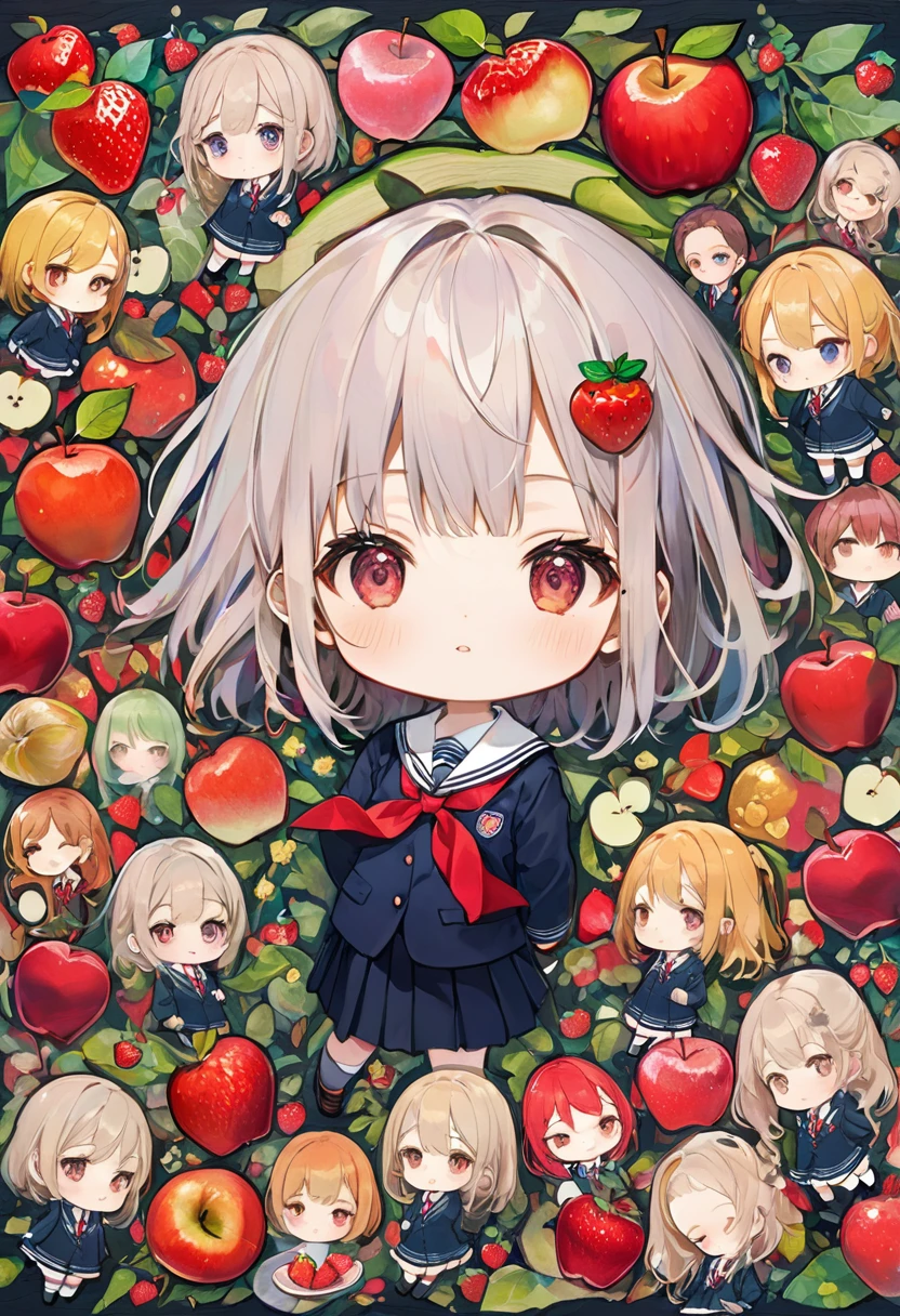(masterpiece, best quality),
woodblock print collage depicting,chibi,chibi-girl,side view,she is surrounded by apple and strawberry symbols,detailed face,school-uniform,school,fruits,colorful, collage art, contemporary artistic collage,