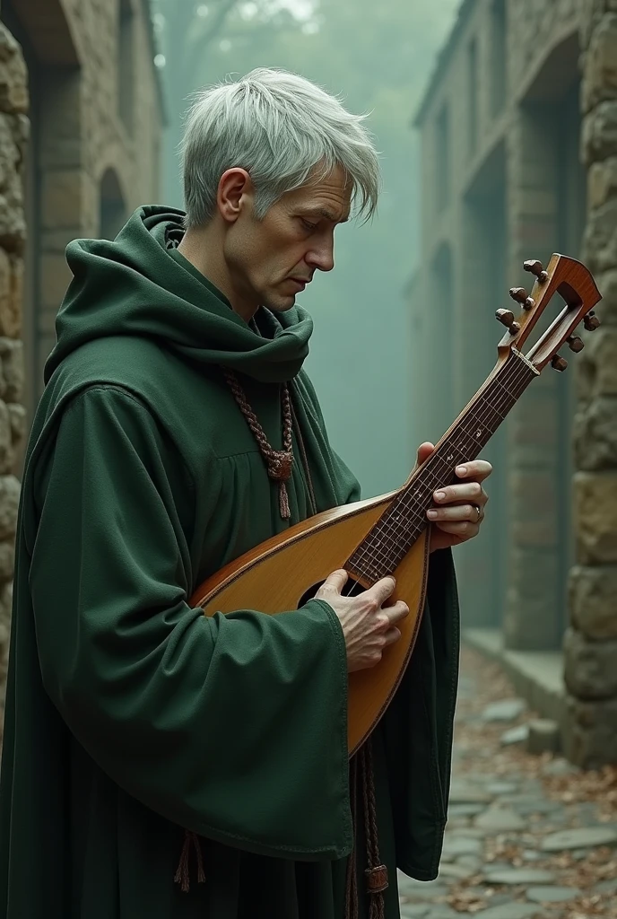 Human,green eyes,gray hair,white skin,monk,wear tonic,short hair,holding lute,30 years,medival