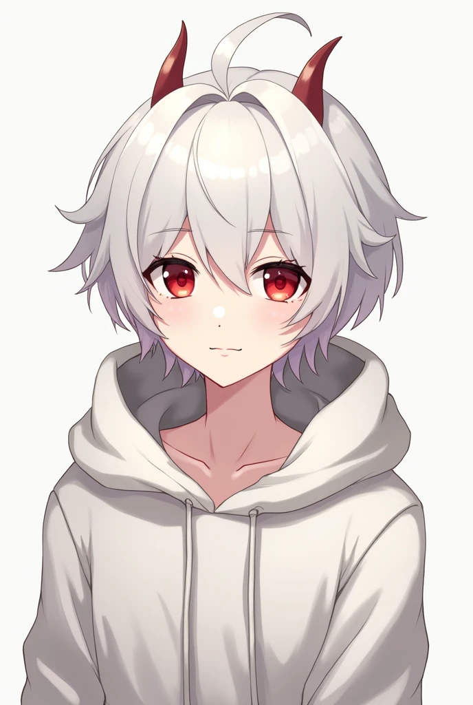 Anime image of a cute man with white hair and red eyes and two little horn no emotion hoodie