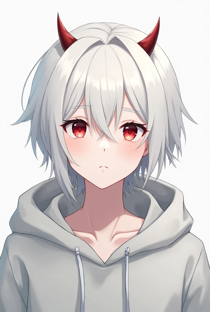 Anime image of a  cute man with white hair and red eyes and two little horn no emotion hoodie