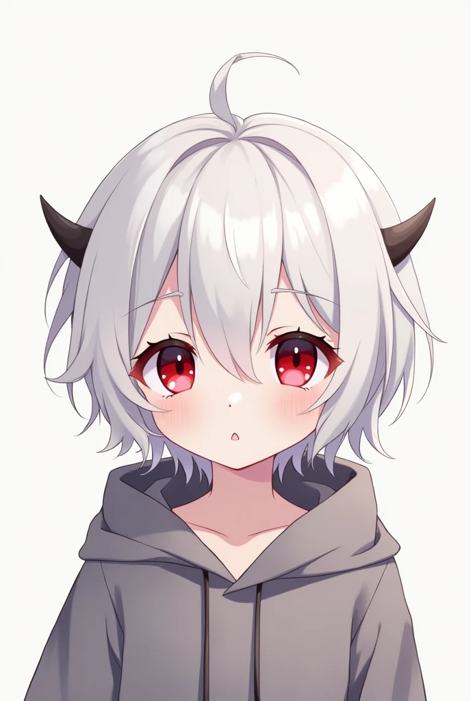 Anime image of a cute man with white hair and red eyes and two little horn no emotion hoodie