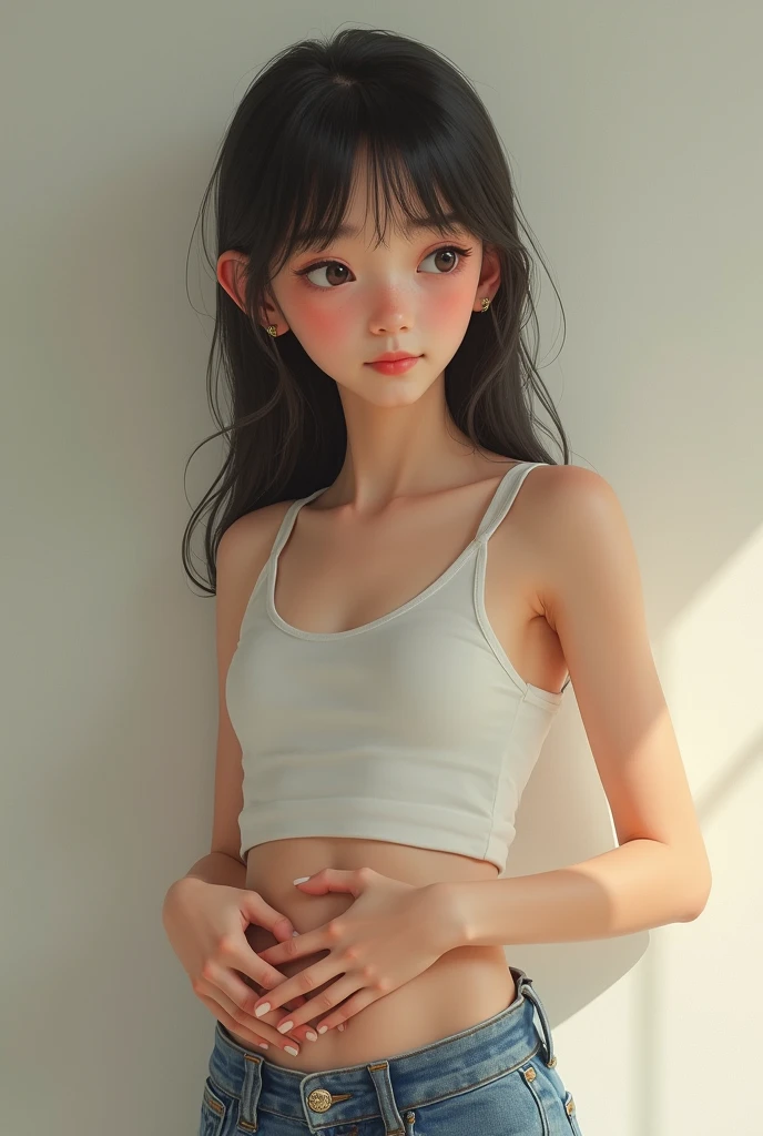 A high school girl touches her waist with hands