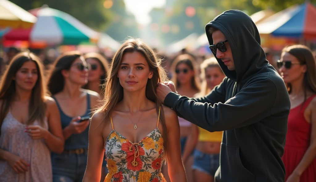 A stark contrast between the vibrant setting of a crowded street festival and the disturbing act of sexual harassment occurring within it. In the foreground, a young woman dressed in a colorful summer outfit is walking confidently through the throng of people, a look of surprise and discomfort etched on her face. Behind her, a shadowy figure in a hoodie and sunglasses reaches out, his hand groping at her. Despite the festival's backdrop of joyous music, laughter, and the bright flashes of street performers' lights, the woman's personal space has been violated. Her body language is tense, and her arms are slightly raised as if to protect herself from the unwelcome touch. The surrounding crowd, caught up in the festivities, remains oblivious to the situation, their expressions a mix of carefree enjoyment and curiosity. The sharp focus on the woman and her harasser creates a stark contrast with the blurred, unaware faces of the bystanders, emphasizing the isolation and vulnerability she feels in this moment of assault. The scene is a poignant reminder that sexual harassment can happen anywhere, even amidst public celebrations, and that it is essential for society to recognize and combat such behavior.