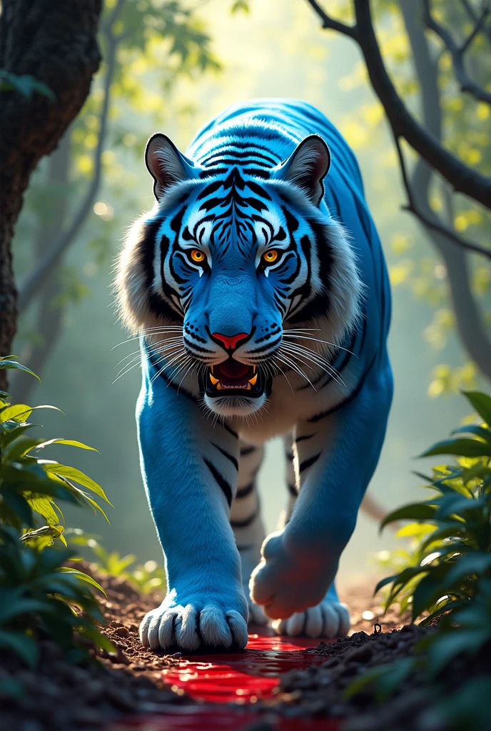 tiger blue in jungle with red blood