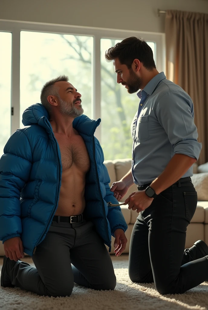 Create a hyper-realistic, RAW, 8K, HDR, high-resolution image showing two extremely handsome masculine simple, brightly lit living room. The wonderful and seductive uncle, 4, with short hair and signs of baldness, wears dark pants and an *extremely shiny blue nylon puffer jacket* open that exposes his hairy chest and slightly prominent belly. He is kneeling on the ground, *wearing a collar around his neck*, being pulled by his handsome and domineering nephew, a handsome 2 man with a naturally attractive physique, *dressed in a dress shirt and dress pants*, with a visible posture of dominant next to his wonderful, sensual and submissive uncle. (((The *nephew pulls his uncle's leash with a confident and authoritative expression*, while his uncle, *kneeling*, looks up with a submissive expression))). The room has high natural lighting, with natural and comfortable decoration that enhances the realism of the scene. The image must capture every detail accurately, highlighting the interaction and role contrast between the two men. High resolution, Super detail, Best quality, Anatomically correct, Accurate.