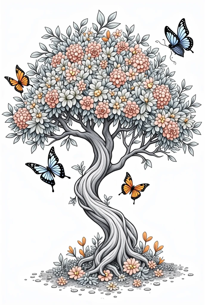 Create me a coloring picture of a magical tree with flowers and butterflies, for coloring with large white areas and strong black lines
