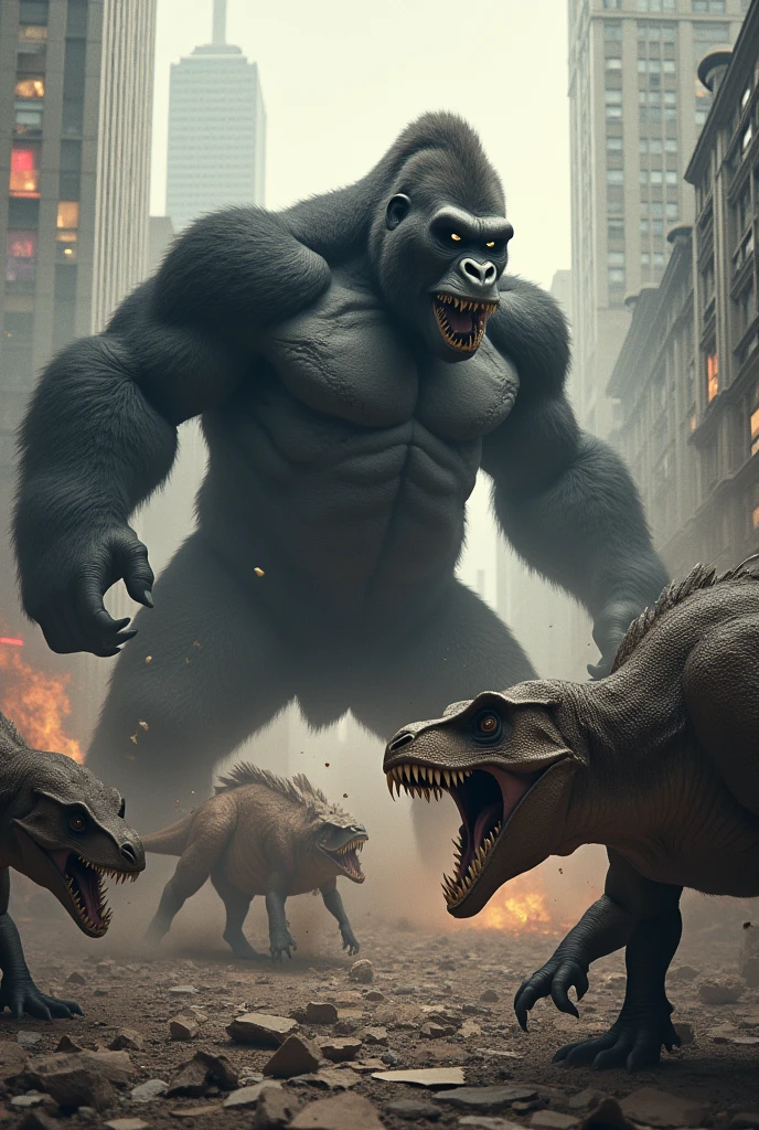 King Kong encounters the first group of dinosaurs. A fierce battle ensues in the heart of the city, with Kong using his strength to fend off the attackers.
