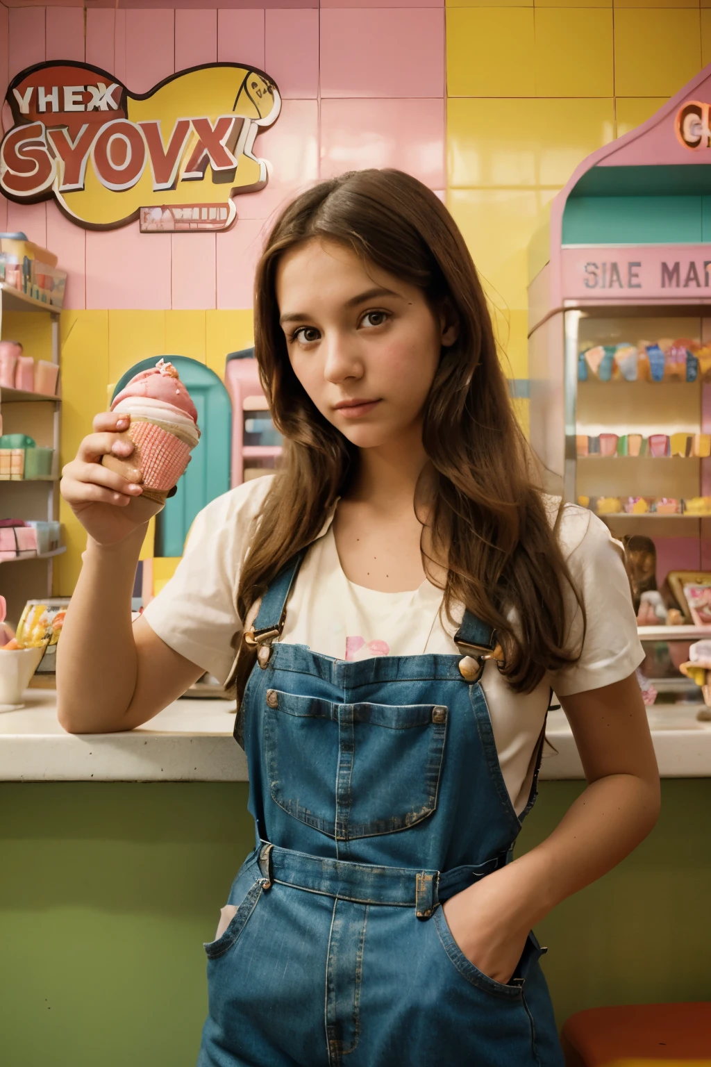 Portrait MagMix Girl looking through camera, long hair, overalls, retro ice cream shop with pastel walls, classic soda fountain counter and vintage ice cream posters, bathed in warm sunlight, Kodachrome analog film image