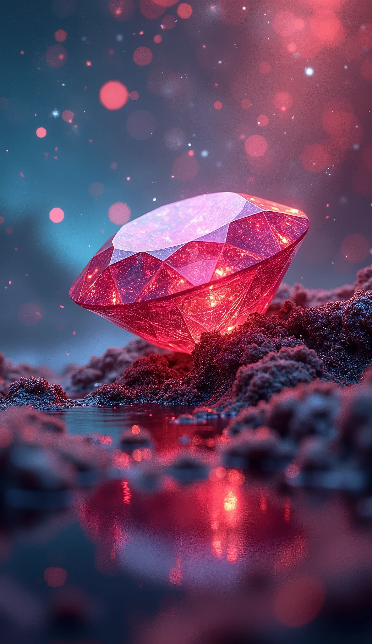 realistic, multicolor ruby in the space, rhytm, chaos, view, around, clear, ocean, butterflies, effects, amazing, so pure
