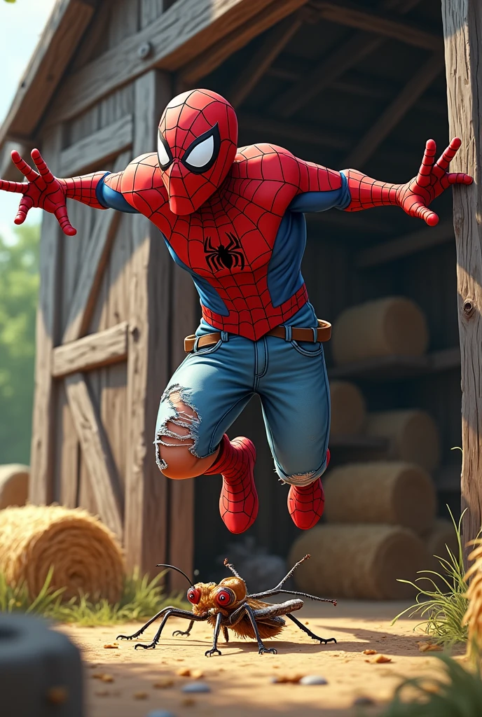 Image of a hilarious scene of a Spiderman with messy mask, screaming in fear when he falls from a tree, wearing a t-shirt and shorts. A cockroach, strangely out of place, bit and tore his bottom pants viciously, while the spiderman's face showed exaggerated shock. The rustic barn in the background is detailed with old wood and hay bales, creating a cute contrast, a dynamic action shot, cartoonish expressions