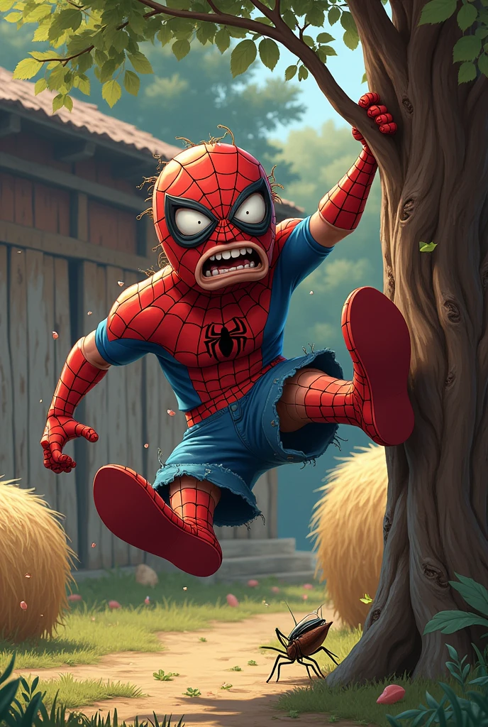 Image of a hilarious scene of a Spiderman with messy mask, screaming in fear when he falls from a tree, wearing a t-shirt and shorts. A cockroach, strangely out of place, bit and tore his bottom pants viciously, while the spiderman's face showed exaggerated shock. The rustic barn in the background is detailed with old wood and hay bales, creating a cute contrast, a dynamic action shot, cartoonish expressions