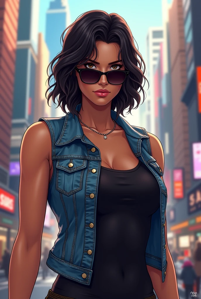 Woman in denim vest