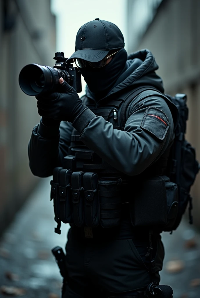 black tactical photographer wearing cap and mask. holding camera to take photos with sunglasses