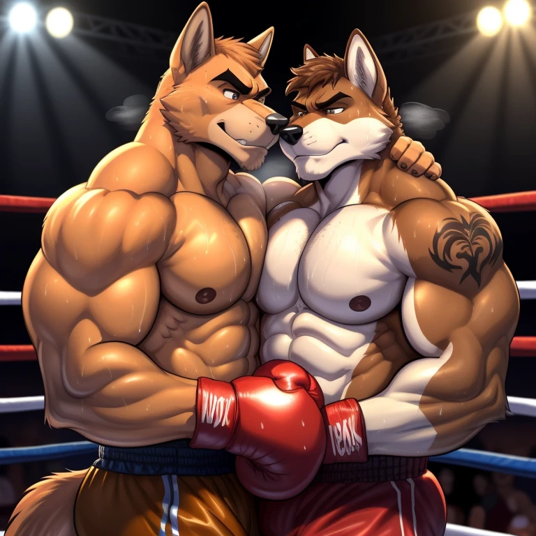 Duo male(Red Wolf vs Brown Dog), handsomes(handsome hairstyle, Thick eyebrows, detailed face), gay(cuddling embraced, body with body, on a boxing match), hot(Shirtless), handsomes(They are handsomes, correct anatomy), musculosos(Big muscle bodies, Six packs, muscle abs, big pecs), sweaty(very sweaty wet bodies, shiny sweat), tatuajes(they have tattoos), grumpy(Both have an grumpy expression, showing grumpy teeths, steaming breath), boxing gloves(They both are wearing boxing gloves), Hight resolution, by(Zourik:1.1)