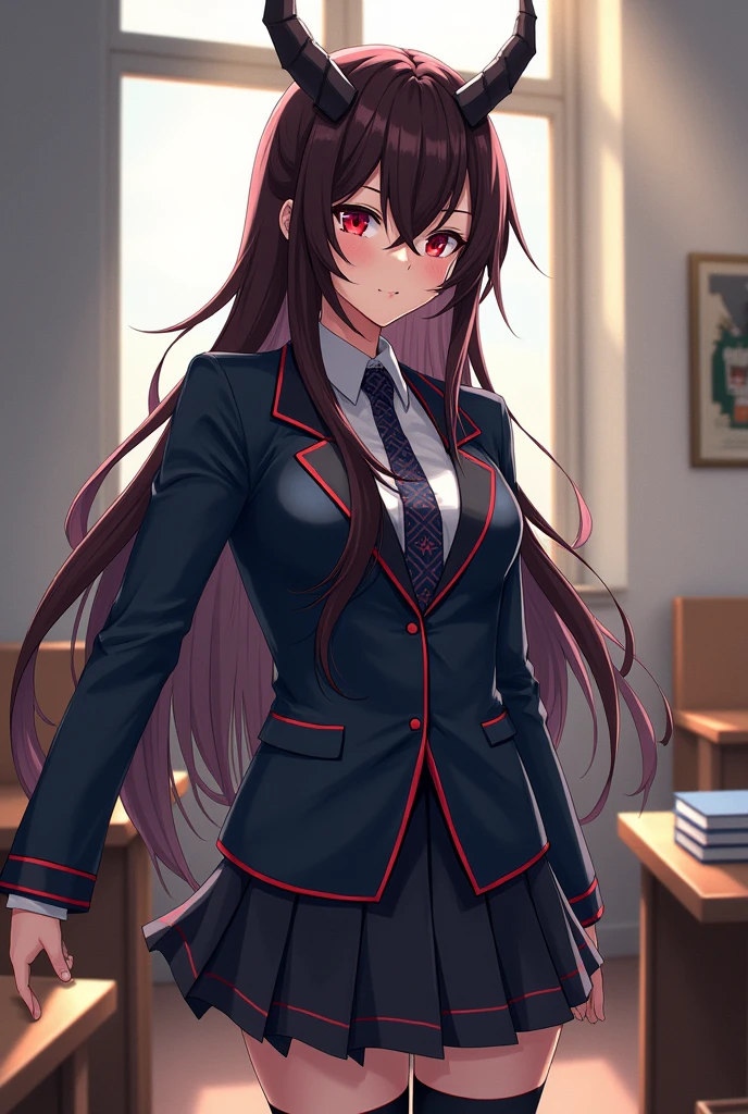 (Anime style) Student Demon Queen, long hair and student uniform, I would be