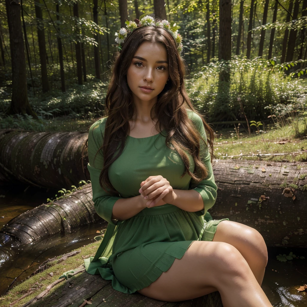 ((masterpiece, best quality, highres,ultra-detailed: 1.2), HDR, vivid colors), pov, create an adult female, clear skin, wearing a green dress, big tit, messy layered bob of long and curly brown hair, green flower crown, sensual face and pose, looking on the right, hands hidden between her legs. Ambient: sitting on a cut tree trunk in the forest, near a stream, many trees and falling leaves . Dynamic composition, motion, ultra - detailed, incredibly detailed, a lot of details, amazing fine details and brush strokes, smooth
