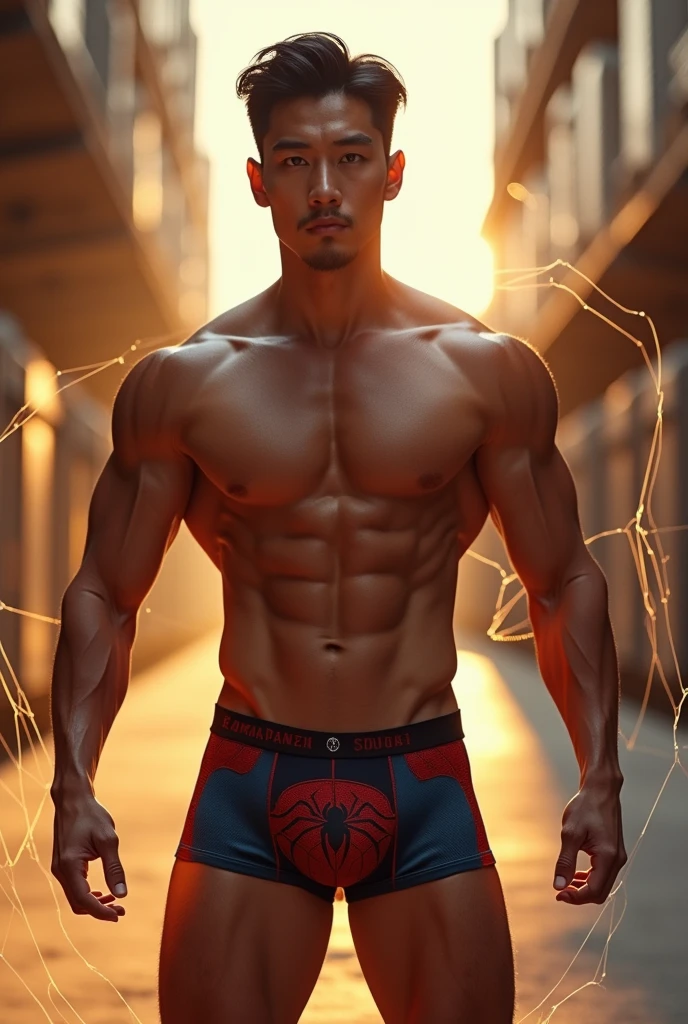 In the captivating picture is a handsome Korean man 3 with his radiant, white skin like a prince, the background in a large and bold warehouse, his charm radiates as he proudly shows off his sixpack and muscular arms in a full standing pose. He is wearing sexy spider-print underwear, which emphasizes his body shape, He stands in the middle of a giant spider web of his own making, surrounded by a large spider web behind him, Bathed in the golden light of a beautiful day. With unmatched attention to detail., This photorealistic portrait combines Superhero style., Capture every detail of his textured skin in 8k resolution. Leica digital SLR camera. His features are clearly visible., From his deep-set eagle-like eyes to his chiseled jawline., Make this image a true masterpiece.. Lift. (8K UHD、RAW Photography、Leica Digital SLR Photorealistic Portrait、Realistic image), big bulge