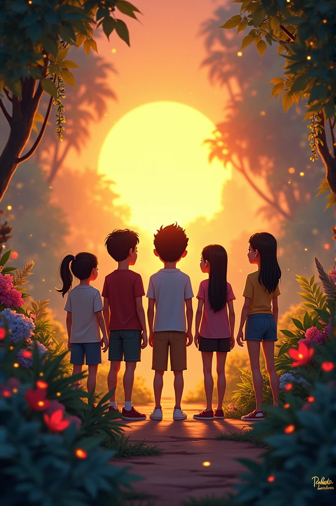 Ali and his friends standing at the edge of the magical garden as the sun sets, looking back with a sense of anticipation."