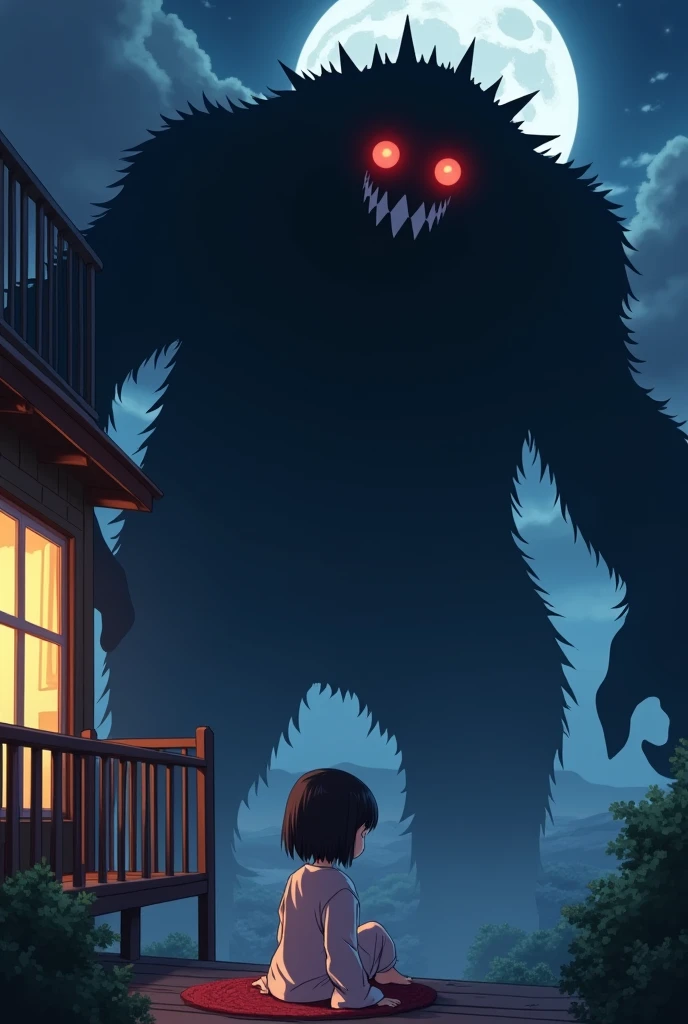 1 anime girl with short black hair wearing pajamas sitting on the balcony and meets a scary and huge black monster with red eyes