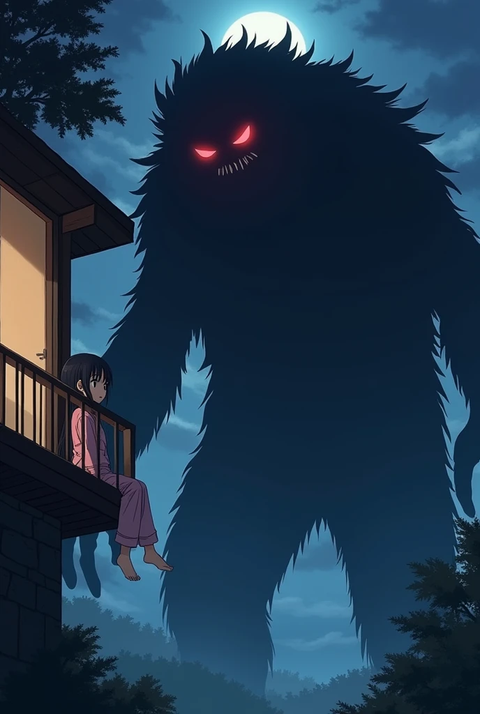 1 anime girl with short black hair wearing pajamas sitting on the balcony and meets a scary and huge black monster with red eyes 