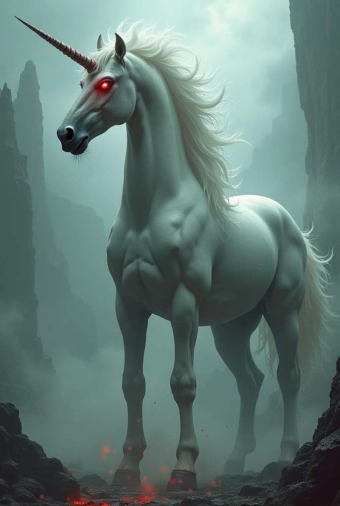 Large tall white Unicorn (angry evil), pointed spiraling horn on its head, blood on the horn head and body, red glowing eyes, snoring out smoke from nose,