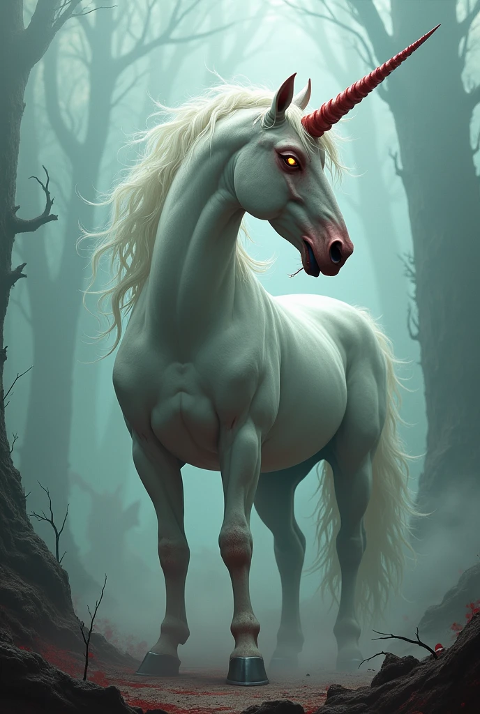 Large tall white Unicorn (angry evil), pointed spiraling horn on its head, blood on the horn head and body, red glowing eyes, snoring out smoke from nose,