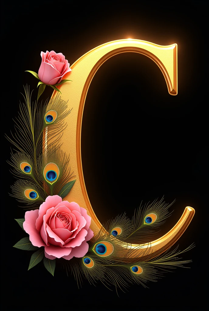 The image is a digital illustration of the letter "C" in a luxurious gold color. The letter is in the center of the image and is surrounded by a pink rose and a peacock feather. The rose is on the left side and the peacock feathers are on the right side. The feathers are intricately designed with swirls and curves, creating a sense of movement and energy. The background is black, making the gold color of the letters stand out even more. The overall effect is elegant and luxurious.