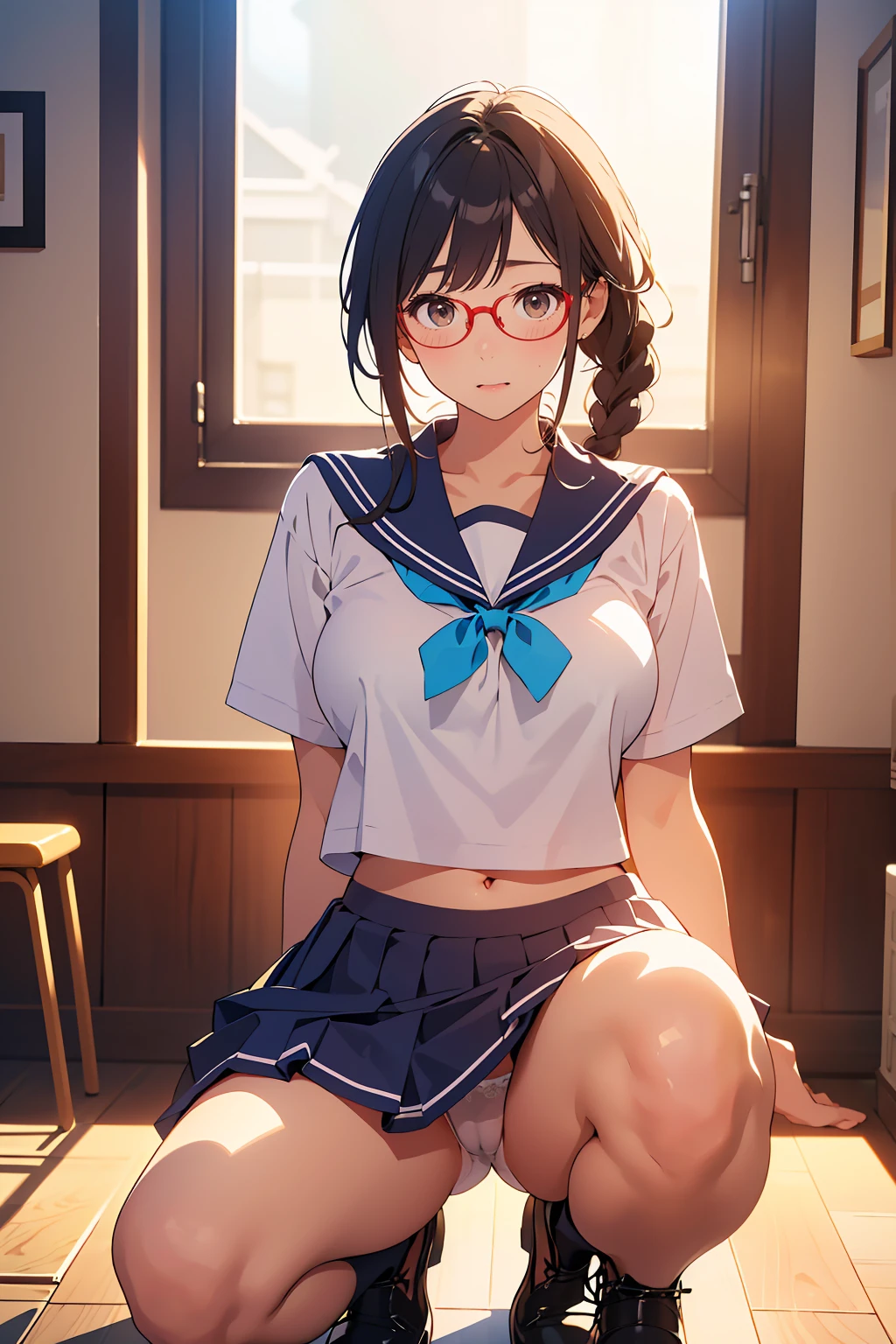 Beautiful thighs、独奏、、1人のhigh school girl、(Sailor suit summer jacket、Short sleeve shirt、Yellow ribbon、Navy blue micro mini skirt、Navy blue pleated skirt)、Slim Body、(Black Hair、Low Pony、Braid、Glasses)、Sit crouched、With legs wide open、With legs wide open、Squatポーズ、Squat、(White lace string panties、Whi G-string panties、Crisp manshasis on cameltoe)、Beautiful thighs、(Embarrassing、Blushing、With red cheeks)、Watching the viewer、Excited、、High resolution、Sharp focus、(Super detailed、Very detailed)、(Photorealisticアート:1.37)、(Very detailedなUnity 8k cg壁紙)、(((Bright colors、Vivid Themes)))、(complicated)、(masterpiece)、(Highest quality)、Artistic photography、(Photo by SLDR)、(complicatedな背景)、perfectly rendered face、Perfect face details、Realistic Face、Photorealistic、((complicatedな詳細))、(((realism)))、Bright classroom、high school girl、Girls' High School、School