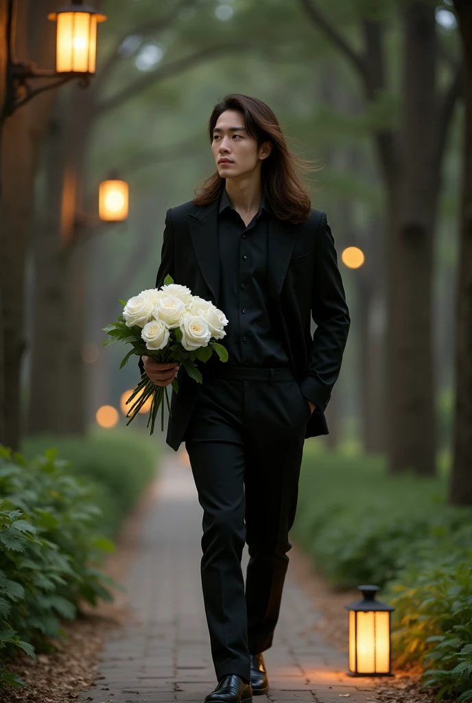 Tall young Korean man in a black suit, in a black shirt without a tie, black shoes, hair long brown, walks through a forest park with lanterns in the evening, carrying a bouquet of white roses in his hands