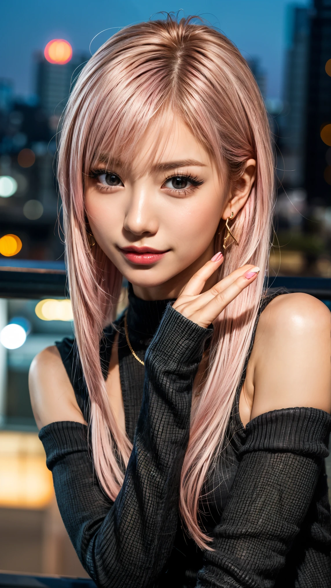 Highest quality, Tabletop, Ultra-high resolution, (Realistic:1.4), (Japanese Idols),RAW Photos, One Girl, night,Detailed skin,Blurred cityscape of South Korea,,Blonde, (Pink inner hair:1.3),Glossy Lips,smile,(Model pose:1.2),2,Beautiful and beautiful eyes,Diamond jewellery,Earrings,Gold Jewelry,Cold Light,Tight black knitwear,,(Strengthened upper arms:1.2),A well-trained body,Pixie Hair