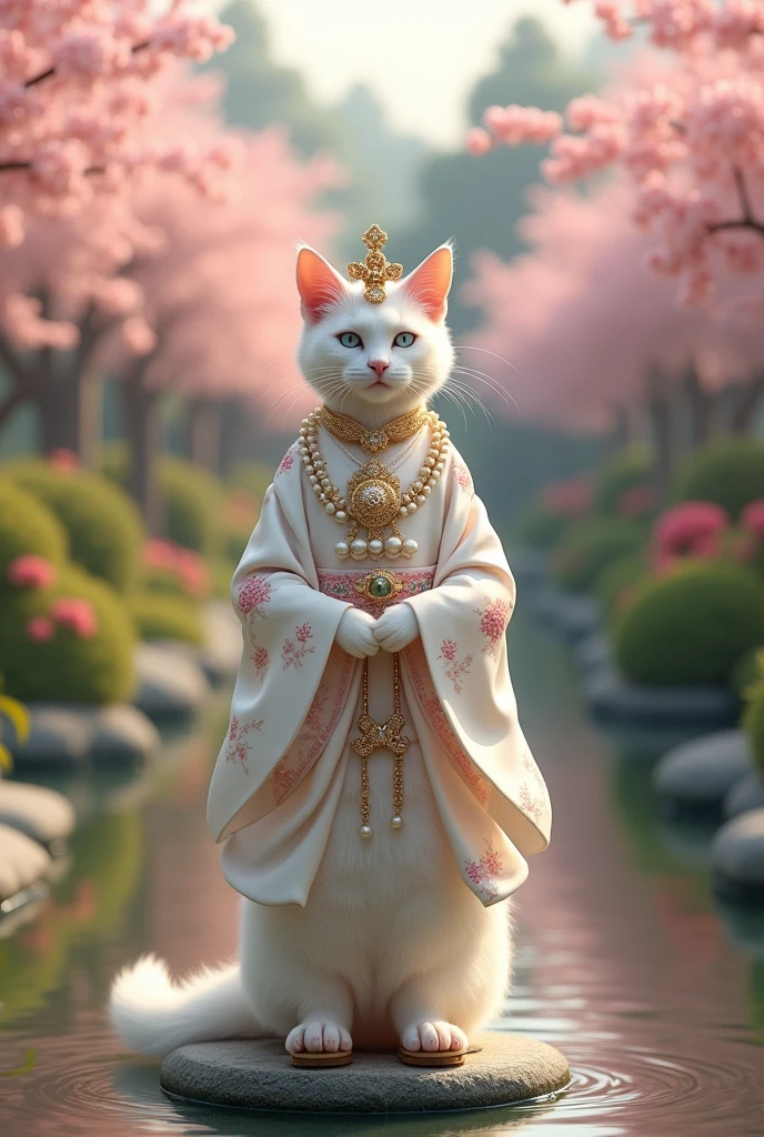"A white cat walking on her hind legs in a traditional Japanese garden, wearing a Shinto bridal kimono. The cat is adorned with pearl and gold jewelry, a white silk kimono with floral embroidery, a matching headdress, and wooden geta sandals. The background features cherry blossoms and a tranquil pond."

"