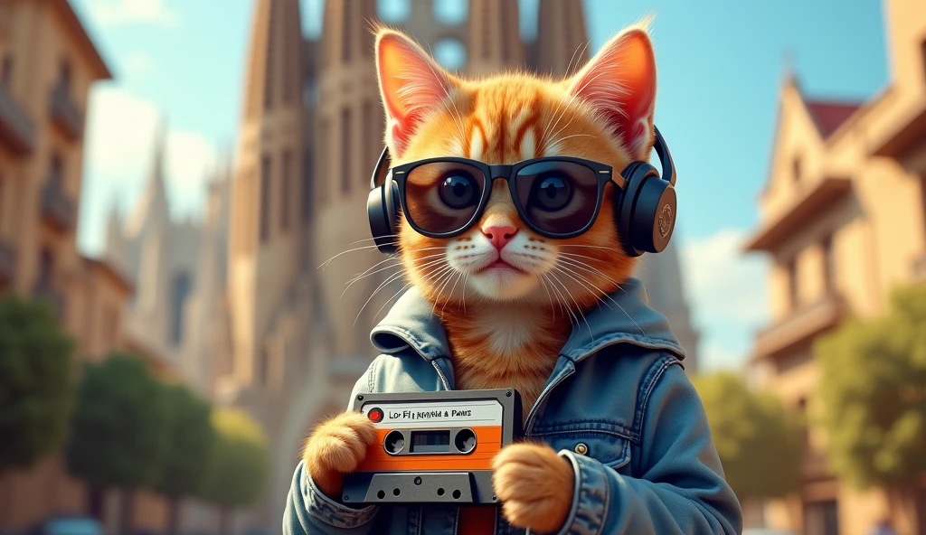 1920x1080 16:9 Perfect Centering, Cute kitten, Wear a school jacket, Wear sunglasses, Wearing headphones and holding a cassette tape The cassette inscription is Lofi Rhythm & It says Paws, Standing position, Abstract Beauty, Centered, Looking into the camera, To the camera, Near perfect, dynamic, Sagrada Familia、Very detailed, Digital Painting, artステーション, コンセプトart, Smooth, Sharp focus, 8k, High resolution, shape, art:Karn Griffiths and Vadim Kashin, world heritage