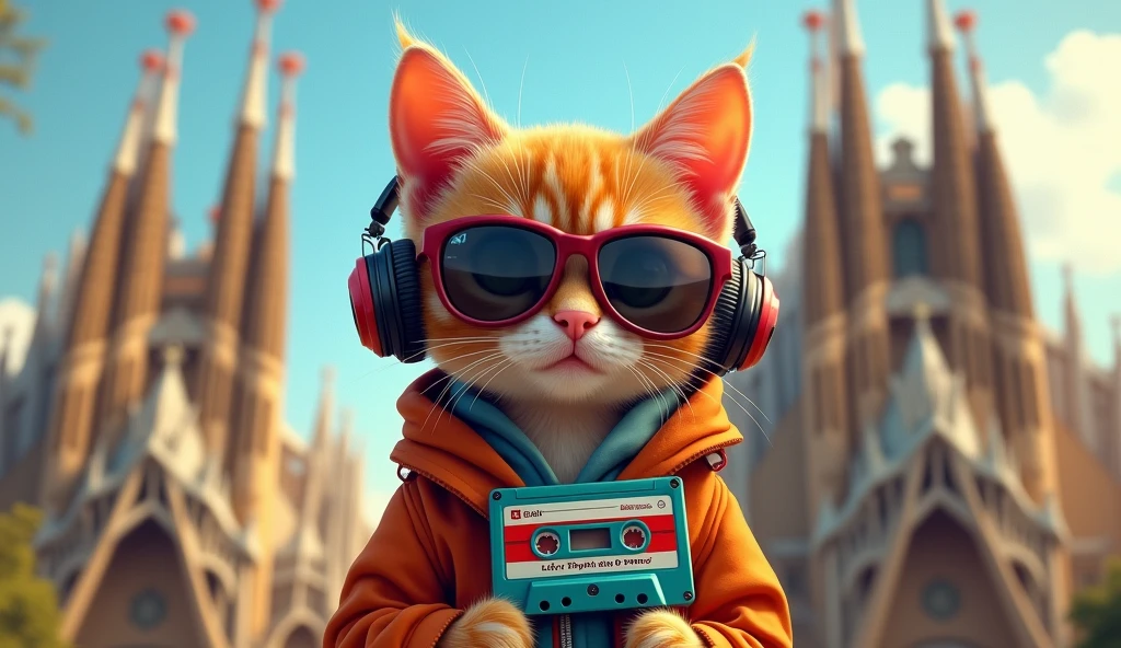 1920x1080 16:9 Perfect Centering, Cute kitten, Wear a school jacket, Wear sunglasses, Wearing headphones and holding a cassette tape　The cassette inscription is Lofi Rhythm & It says Paws, Standing position, Abstract Beauty, Centered, Looking into the camera, To the camera, Near perfect, dynamic, Sagrada Familia、Very detailed, Digital Painting, artステーション, コンセプトart, Smooth, Sharp focus, 8k, High resolution, shape, art：Karn Griffiths and Vadim Kashin, world heritage