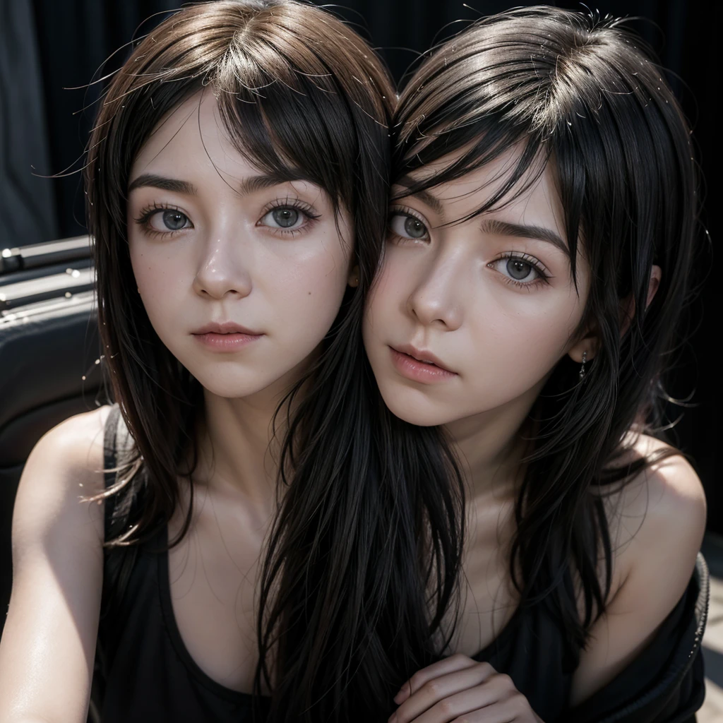 identical twin sisters、highest quality, spectacular realistic, ((in the pitch black darkness :1.4)), ((portrait:1.5)),(background: dark ) high contrast ,great picture, lowest lux, lighting face, she is comfortable, not wearing anything, , looks incredible, (8k, RAWphotograph, highest quality),(spectacular realistic:1.5), woman, face,(fine eyes:0.8),(looking at camera:1.4), (highest quality), ( high contrast, deep shadow),intricate details,cinematic,((skin:1.4)), (long dark hair:1.3), long hair, Messy ,(HDR:1.5),be familiar with, color, excellent quality, masterpiece, RAWphotograph (20-year-old, looking at the viewer), beautiful, (wearing a plain shirt,), perfection, nature, perfection composition, portrait, perfection face, 笑face expression, enchanting eyes, bright details, tight lips, (high skin detail),, (bluish: 0.6), (sale: 0.8), (Bloodstained: 0.7), key lighting , (Backlight: 0.5), medium depth of field, canon 5d, 50mm lens, f/4 apertures, (super detailed, intricate details), sharp focus, soft color, 8k, absurd, 80mm, dark background, photograph, 笑face, pinay, Filipino, Moderate ,